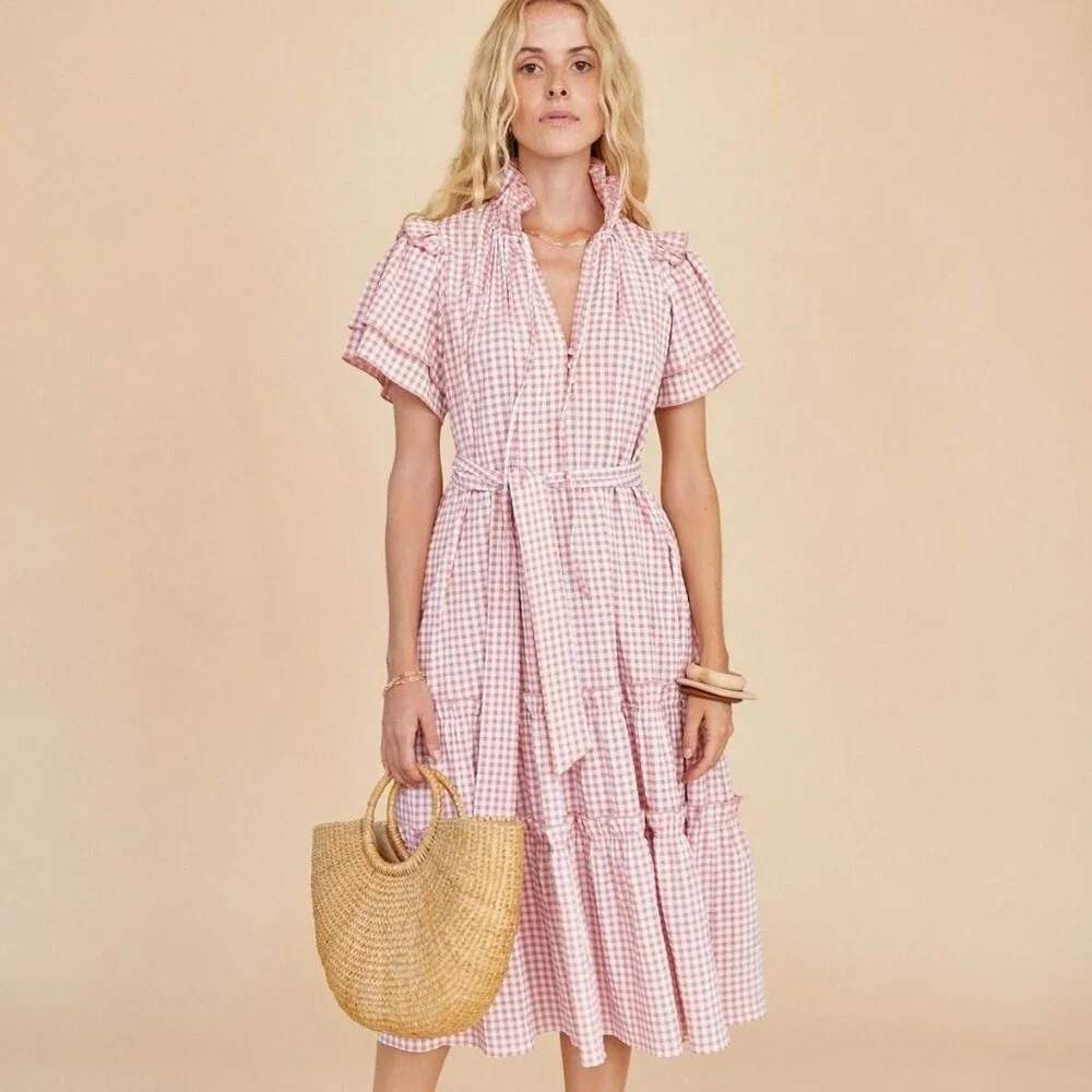 Hunter Bell Matthews Dress Womens Pink White Gingham Size S